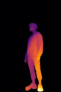 SD generated image of man standing in a bright city depth estimation